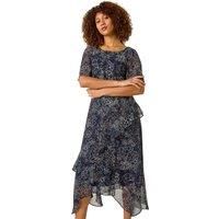 Floral Print Frill Detail Midi Dress - Ladies Roman Originals Women