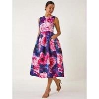 Roman Navy Rose Print Pleated Premium Stretch Midi Dress - Size 10 10 female