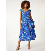 Roman Originals Bardot Ruffle Wrap Dress for Women UK - Ladies Everyday Holiday Spring Summer Comfy Soft Evening Vacation Work Party - Royal Blue - Size 18