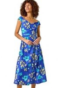 Roman Originals Bardot Ruffle Wrap Dress for Women UK - Ladies Everyday Holiday Spring Summer Comfy Soft Evening Vacation Work Party - Royal Blue - Size 20