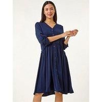 Roman Originals Satin Drop Waist Smock Dress for Women UK - Ladies Everyday Holiday Spring Summer V-Neckline Comfy Soft Evening Vacation Work Party - Navy - Size 12