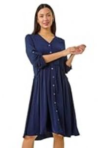 Roman Originals Satin Drop Waist Smock Dress for Women UK - Ladies Everyday Holiday Spring Summer V-Neckline Comfy Soft Evening Vacation Work Party - Navy - Size 20