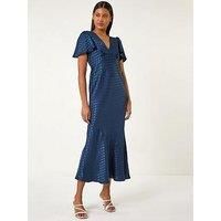 Roman Originals Satin Spot Print Midi Dress for Women UK - Ladies Everyday Holiday Spring Summer V-Neckline Comfy Soft Evening Vacation Work Party - Navy - Size 16
