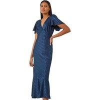 Roman Originals Satin Spot Print Midi Dress for Women UK - Ladies Everyday Holiday Spring Summer V-Neckline Comfy Soft Evening Vacation Work Party - Navy - Size 18