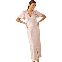 Roman Originals Satin Spot Print Midi Dress for Women UK - Ladies Everyday Holiday Spring Summer V-Neckline Comfy Soft Evening Vacation Work Party - Natural - Size 12