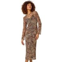 Roman Originals Leopard Mesh Maxi Stretch Dress for Women UK - Ladies Everyday Autumn Winter Round Neckline Comfy Soft Evening Vacation Work Party Night Out - Natural - Size 12
