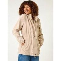 Roman Lightweight Hooded Jacket for Women UK - Ladies Spring Everyday Summer Holiday Zip Up Comfy Long Sleeve Soft Pocket Detail Mac Day Out Coats - Stone - Size 10