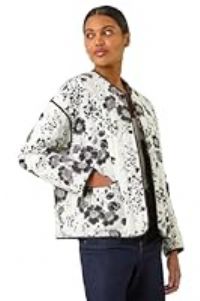 Roman Originals Floral Print Lining Cotton Quilted Jacket for Women UK - Ladies Everyday Holiday Spring Summer Round Neckline Comfy Soft Evening Vacation Work Party - Black - Size 10