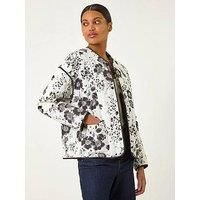 Roman Originals Floral Print Lining Cotton Quilted Jacket for Women UK - Ladies Everyday Holiday Spring Summer Round Neckline Comfy Soft Evening Vacation Work Party - Black - Size 12
