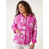 Roman Originals Floral Print Lining Cotton Quilted Jacket for Women UK - Ladies Everyday Holiday Spring Summer Round Neckline Comfy Soft Evening Vacation Work Party - Pink - Size 12