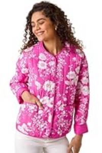 Roman Originals Floral Print Lining Cotton Quilted Jacket for Women UK - Ladies Everyday Holiday Spring Summer Round Neckline Comfy Soft Evening Vacation Work Party - Pink - Size 14
