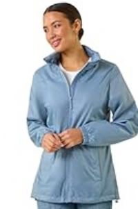 Roman Shower Resistant Jacket for Women UK - Ladies Spring Everyday Summer Holiday Funnel Neckline Comfy Long Sleeve Soft Pocket Detail Mac Daily Coats - Steel Blue - Size 18