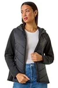 Roman Contrast Hooded Padded Jacket for Women UK - Ladies Spring Everyday Summer Holiday Zip Up Comfy Long Sleeve Soft Pocket Detail Puffer Daily Coats - Black - Size 16