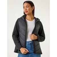 Roman Contrast Hooded Padded Jacket for Women UK - Ladies Spring Everyday Summer Holiday Zip Up Comfy Long Sleeve Soft Pocket Detail Puffer Daily Coats - Black - Size 18