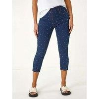 Roman Originals Cropped Jeggings for Women UK Ladies Capri Stretchy Jeans Denim Legging Cotton Summer Trouser Three Quarter 3/4 Length Pull On Cut Off High Waist Smart - Sparkly Indigo - Size 20