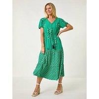 Roman Petite Floral Print Midi Dress for Women UK - Ladies Spring Everyday Summer Holiday V-Neckline Comfy Short Sleeve Soft Fit & Flare Frock Day Out Gowns - Green - Size 14