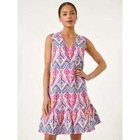 Roman Petite Frill Hem V-Neck Dress - Pink