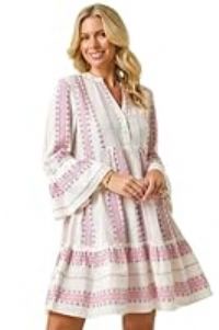 Roman Originals Smock Dress For Women UK Ladies Cotton Summer Embroidered Frilled Tiered Casual Beach Cruise Holiday Cocktail Party 3/4 Sleeve Pull On Gathered Skirt - Petite White Turquoise - Size 10