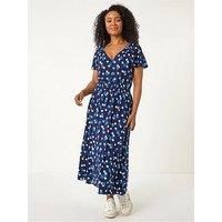 Roman Petite Spot Shirred Waist Stretch Midi Dress 10 female