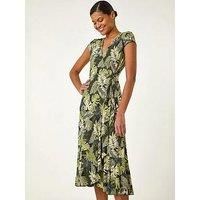 Roman Originals Wrap Tea Dress for Women UK Ladies Fit Flare Skater Swing Stretch Frill Long Sleeve Summer Evening Cocktail Party Work Office Casual Knee Length Midi - Floral Khaki - Size 20