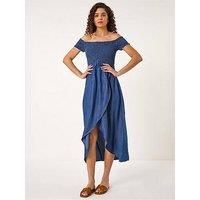 Roman Originals Bardot Dress for Women UK Ladies Shirred Chest Off Shoulder Cold Shoulder Maxi Midi Summer Beach Holiday Sleeveless Garden Cocktail Party Elasticated - Denim - Size 10