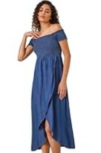 Roman Originals Bardot Dress for Women UK Ladies Shirred Chest Off Shoulder Cold Shoulder Maxi Midi Summer Beach Holiday Sleeveless Garden Cocktail Party Elasticated - Denim - Size 12