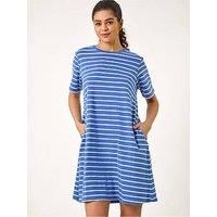 Roman Originals Tunic Dress with Pockets for Women UK Ladies Swing Fit & Flare Skater Slouch Stretchy Casual Smart Winter Jersey Pull On Relaxed Work Office 3/4 Long Sleeves - Blue Stripe - Size 20