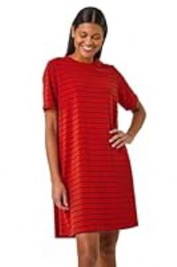 Roman Originals Tunic Dress with Pockets for Women UK Ladies Swing Fit & Flare Skater Slouch Stretchy Casual Smart Winter Jersey Pull On Relaxed Work Office 3/4 Long Sleeves - Red Stripe - Size 18