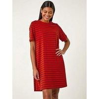 Roman Originals Tunic Dress with Pockets for Women UK Ladies Swing Fit & Flare Skater Slouch Stretchy Casual Smart Winter Jersey Pull On Relaxed Work Office 3/4 Long Sleeves - Red Stripe - Size 20