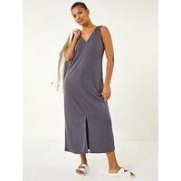 Roman Originals Soft Pique Stretch Midi Dress for Women UK - Ladies Everyday Holiday Spring Summer V-Neckline Comfy Soft Evening Vacation Work Party - Grey - Size 20