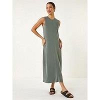 Roman Originals Sandwash Stretch Midi Dress for Women UK - Ladies Everyday Holiday Spring Summer Round Neckline Comfy Soft Evening Vacation Work Party - Khaki - Size 10