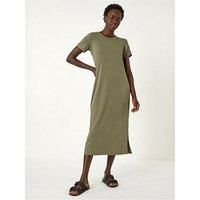 Roman Originals Ribbed Stretch Midi Dress for Women UK - Ladies Everyday Holiday Spring Summer Round Neckline Comfy Soft Evening Vacation Work Party - Khaki - Size 16