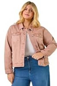 Roman Originals Jean Denim Jacket for Women UK - Ladies 100% Cotton Summer Casual Stretch Crop Smart Utility Trucker Biker Fitted Vintage Wash Faded Classic Jeans Work - Rose Plus - Size 18