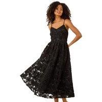 Dusk Black Floral V-Neck Strap Midi Dress - Size 12 12 female