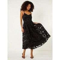 Dusk Black Floral V-Neck Strap Midi Dress - Size 16 16 female