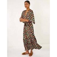 Roman Geo Print V-Neck Frill Maxi Dress 14 female