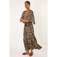 Roman Geo Print V-Neck Frill Maxi Dress 18 female