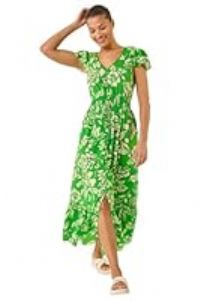 Roman Originals Shirred Empire Waist Dress for Women UK Ladies Midi Maxi Summer Spring Tiered Frill Hem Short Sleeve V Neck Button Through Boho Bohemian Holiday Cruise - Floral Green - Size 10