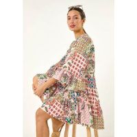 Roman Patchwork Print Tie Waist Dress 14 female