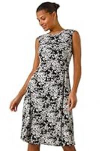 Roman Originals Floral Print Gathered Side Dress for Women UK - Ladies Everyday Holiday Spring Summer Round Neckline Comfy Soft Evening Vacation Work Party Side Ruched Waist - Black - Size 10