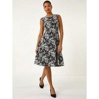 Roman Originals Floral Print Gathered Side Dress for Women UK - Ladies Everyday Holiday Spring Summer Round Neckline Comfy Soft Evening Vacation Work Party Side Ruched Waist - Black - Size 18