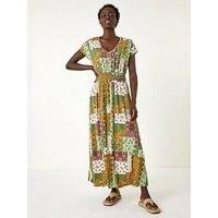 Roman Khaki Stretch Patchwork Shirred Maxi Dress - Size 14 14 female