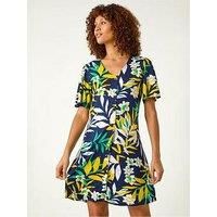 Roman Originals Swing Tea Dress Women UK Ladies Skater Midi A Line Fit & Flare Summer Casual Smart Spring Cocktail Party Going Out Work Cruise Button Through Long Pocket - Yellow - Size 20