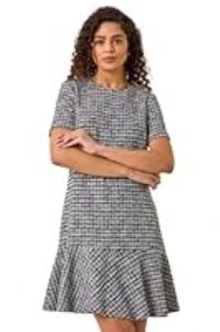 Roman Originals Textured Frill Hem Stretch Dress for Women UK - Ladies Everyday Autumn Winter Round Neckline Comfy Soft Evening Vacation Work Party Night Out - Noir - Size 20