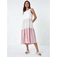 Roman Colour Block Tiered Linen Blend Midi Dress 20 female