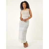Roman Petite Chevron Knitted Midi Dress for Women UK - Ladies Everyday Holiday Spring Summer Round Neckline Comfy Soft Evening Vacation Work Party - Petite Blue - Size 16