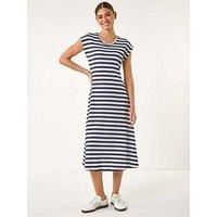 Roman Stripe Crochet Midi Dress for Women UK - Ladies Spring Everyday Summer Holiday Round Neckline Comfy Short Sleeve Soft A-Line Frock Office Business Gowns - Navy - Size 14