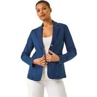 Roman Originals Stretch Blazer for Women UK - Ladies Office Jacket Business Work Formal Smart Summer Professional Interview Desk Dinner Evening Open Front Button Party Spring - Indigo - Size 16