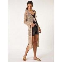 Roman Originals Longline Tie Cotton Blend Knit Cardigan for Women UK - Ladies Everyday Holiday Spring Summer Comfy Soft Evening Vacation Work Party - Natural - Size 20
