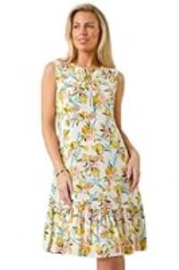 Roman Originals Petite Floral Print Frill Hem Dress for Women UK - Ladies Everyday Holiday Spring Summer Notch Neckline Comfy Soft Evening Vacation Work Party - Ivory - Size 14